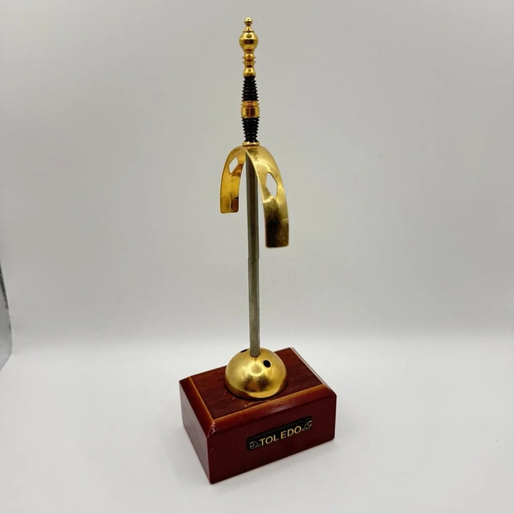Vintage TOLEDO Spanish Damascene Brass Cocktail Mini Sword Picks Wood Stand ONLY